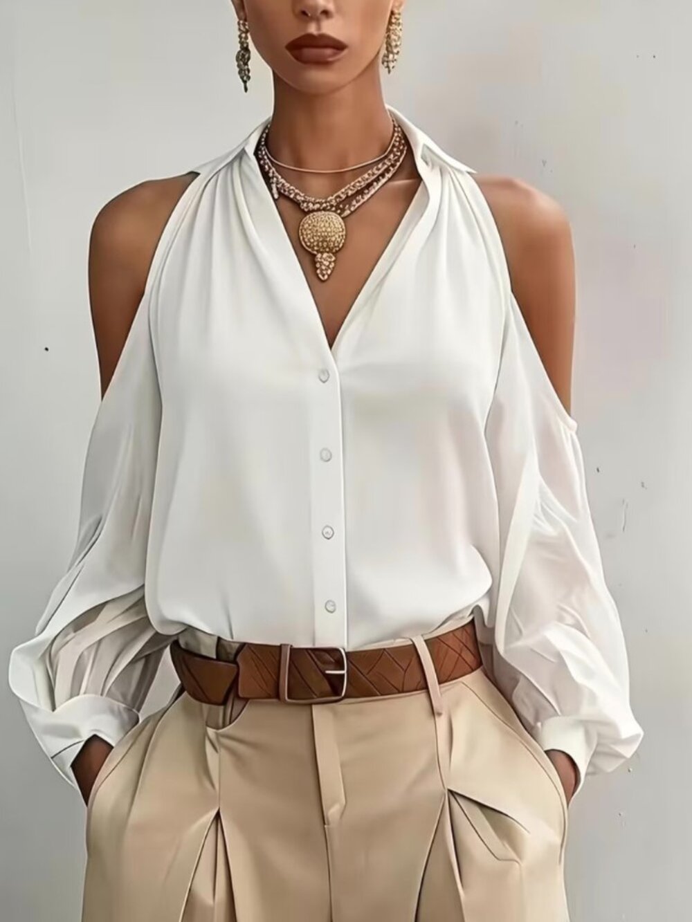 Women's Fashionable and Elegant Solid Color Off-Shoulder Long Sleeve Commuter